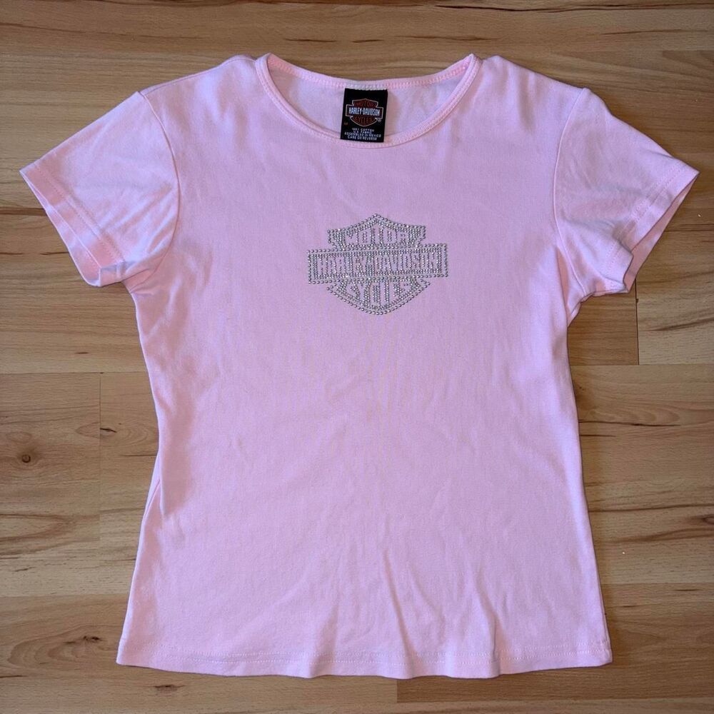 Pink Harley Davidson Baby Tee with Bedazzled Logo size M